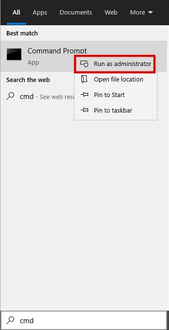 Recherchez cmd sur Windows 10 et cliquez avec le bouton droit de la souris sur Invite de commande pour l'exécuter en tant qu'administrateur.