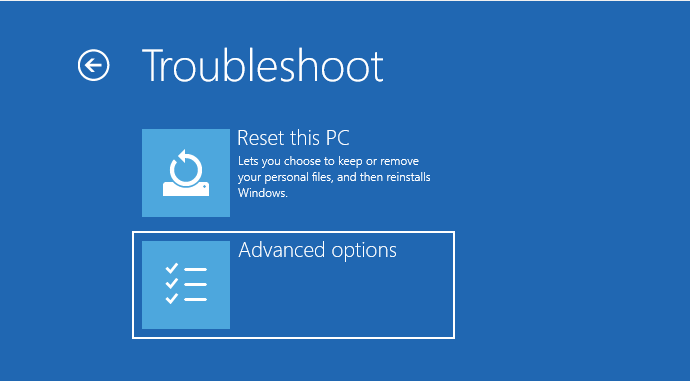 Sélection des options avancées dans l'écran Dépannage de Windows 10