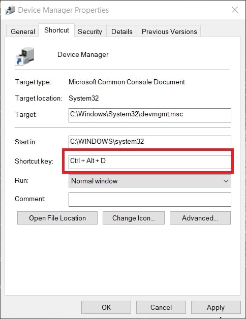 The Shortcut key for device manager Windows 10