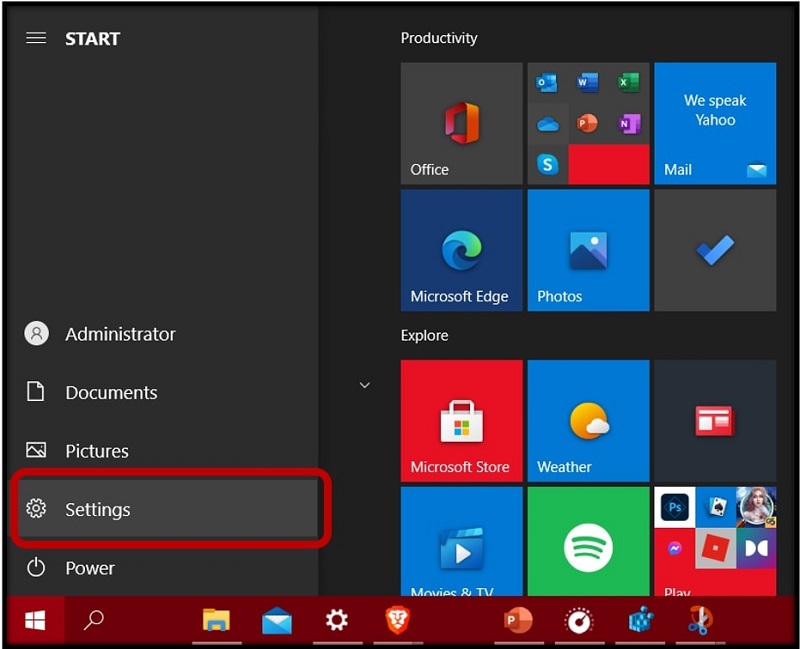 The Start menu showing Settings options on Windows 10