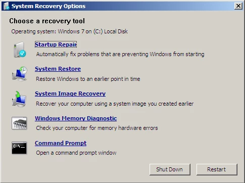 System Restore selection through System Recovery Options