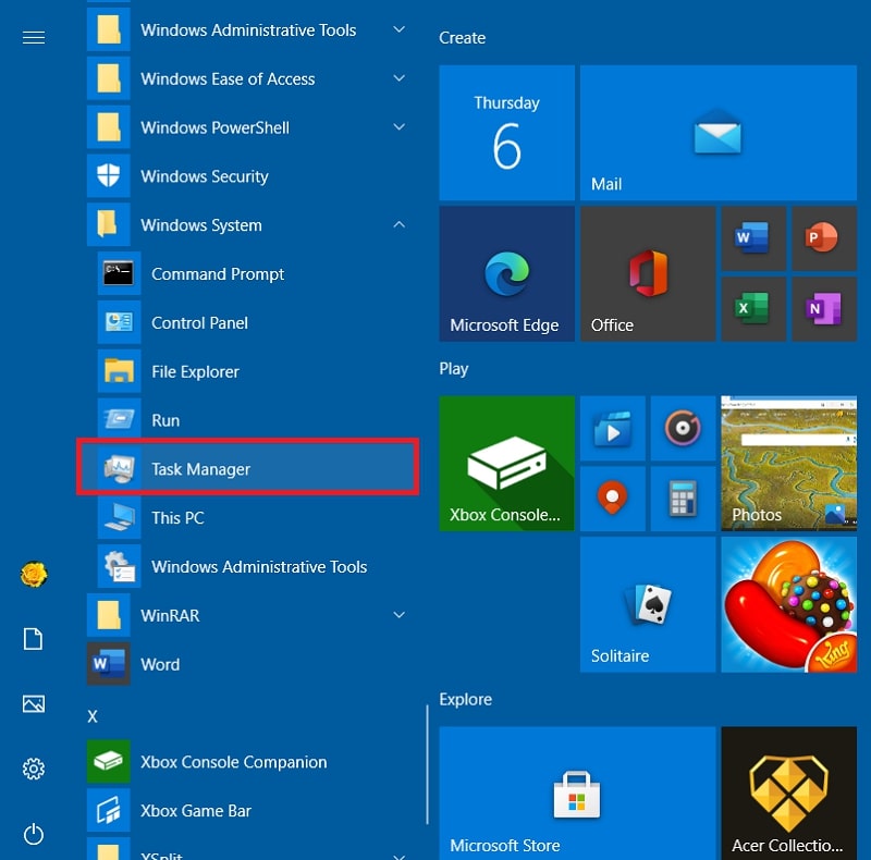 Task Manager on the Start menu Windows 10