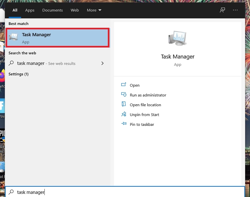 The Task Manager search on Windows 10