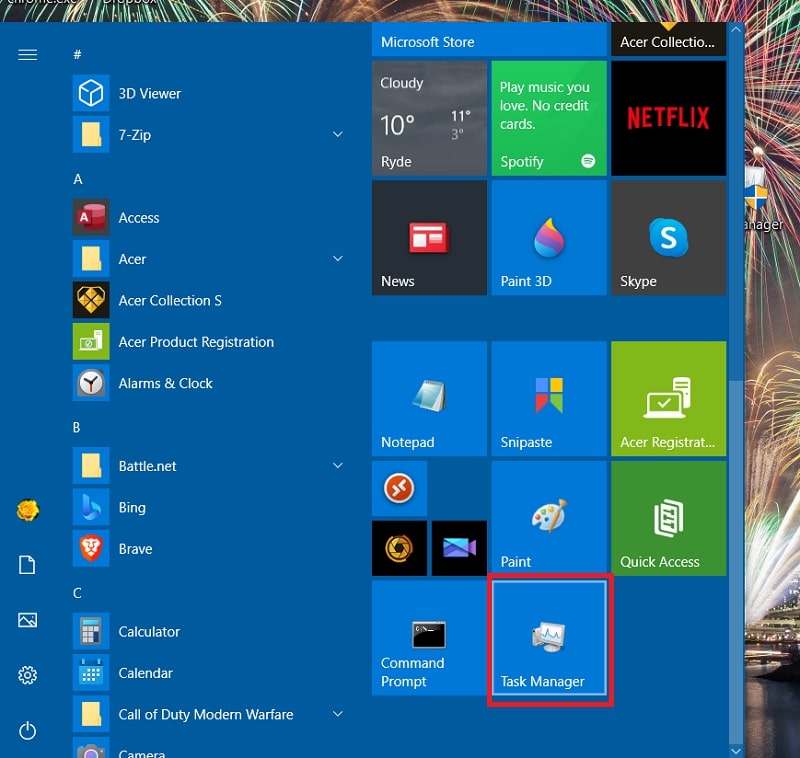 Un raccourci du menu Démarrer du Gestionnaire des tâches Windows 10