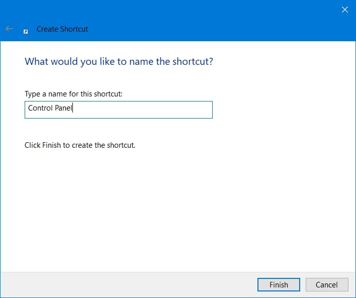 Le nom du raccourci pour le panneau de configuration sur Windows 10