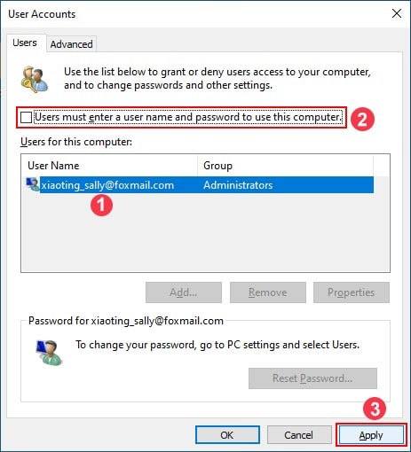 uncheck the box to login in Windows without password