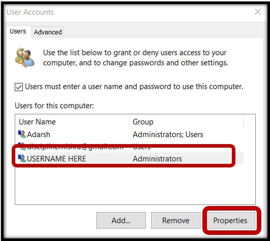 User accounts menu on Windows 10