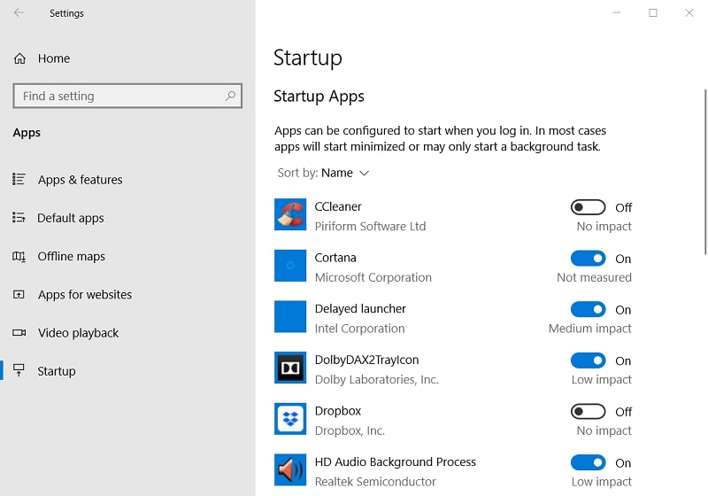 The Startup manager in Settings Windows 10