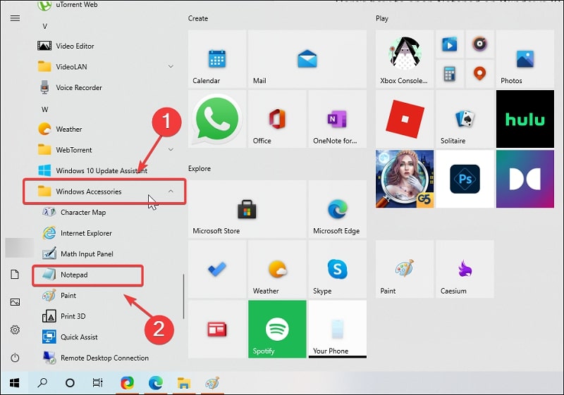 Ouvrir Notepad à partir du menu de démarrage sous Windows 10