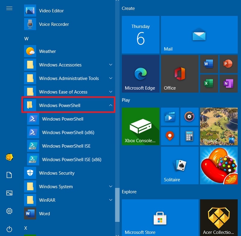 Le dossier Windows PowerShell sous Windows 10