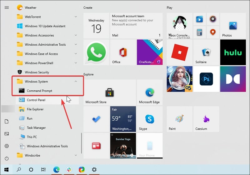 Ouvrir l'Invite de commandes sur Windows 10 à partir du menu de démarrage