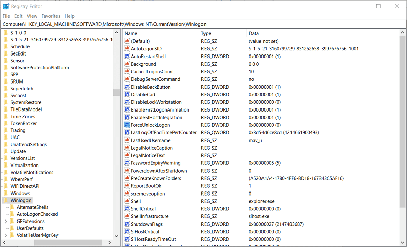 La clé de registre Winlogon sur Windows 10