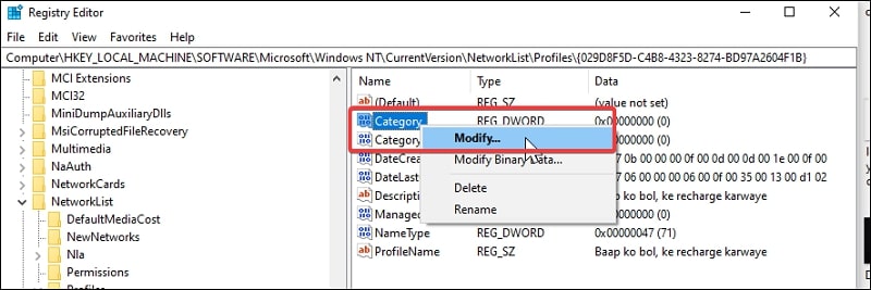 Modify category in registry editor Windows 10