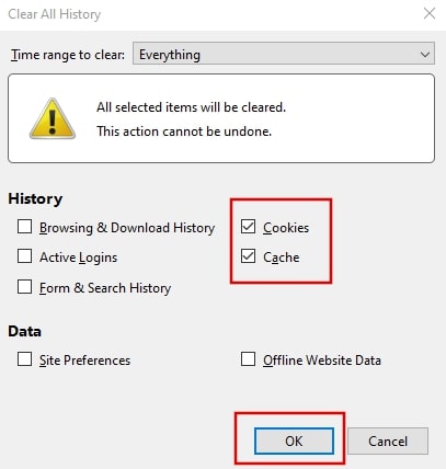 Clear all history in Mozilla Firefox browser Windows 10