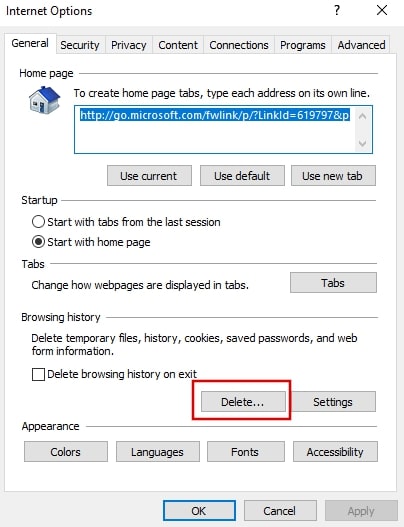 Full delete browsing history in Internet Explorer Windows 10