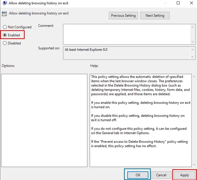 Enable Allow deleting browser history on exit from Local Group Policy Editor Windows 10