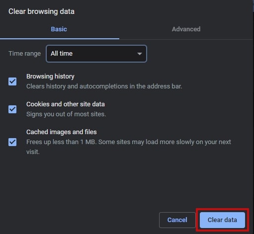 Clear browsing data in Google Chrome Windows 10