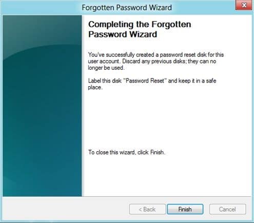 terminer le processus de création du disque de réinitialisation du mot de passe Windows 8