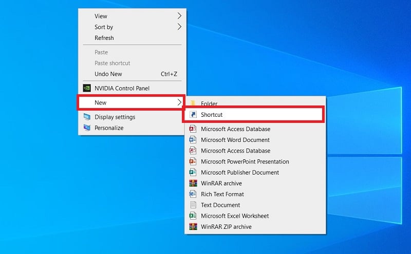 Créer un raccourci sur le bureau dans Windows 10