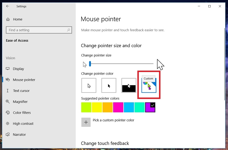 L'option personnalisée - onglet Pointeur de la souris dans Paramètres Windows 10