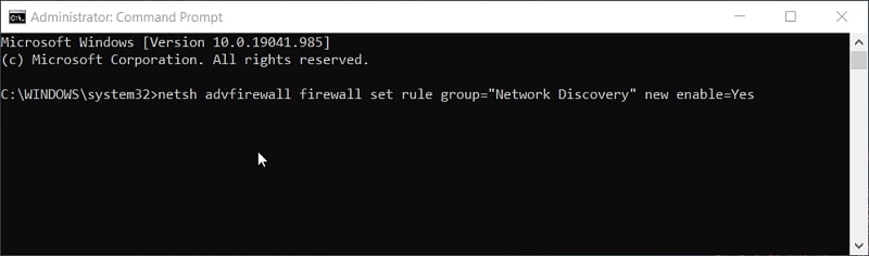 La commande d'activation du Prompt de commande de découverte de réseau dans Windows 10