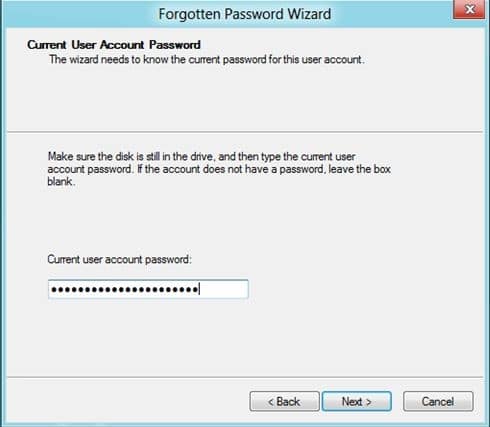 enter your current password to create the password reset disk on Windows 8