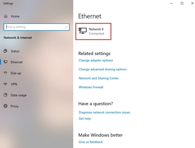 Onglet Ethernet dans Windows 10