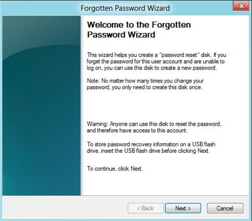 forgotten password wizard on Windows 8