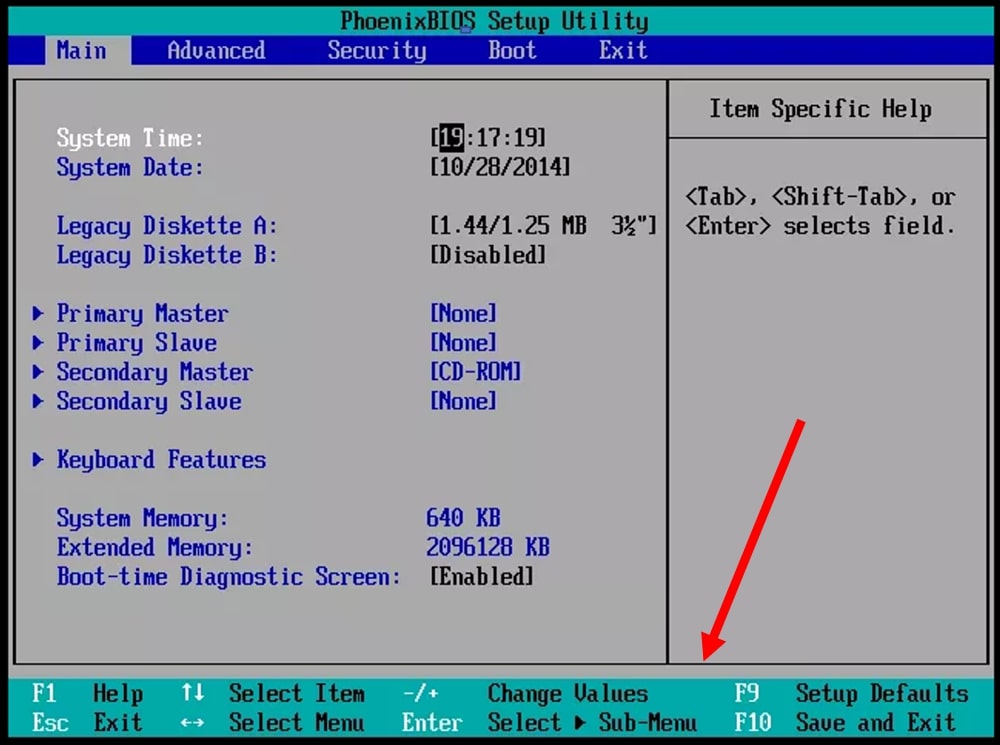 BIOS setup utility displaying the default options on Windows 10