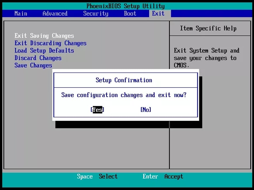 Le BIOS affiche la confirmation de la configuration dans Windows 10