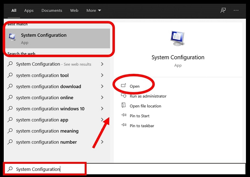 Ouvrir la configuration du système pour modifier l'ordre de démarrage dans Windows 10