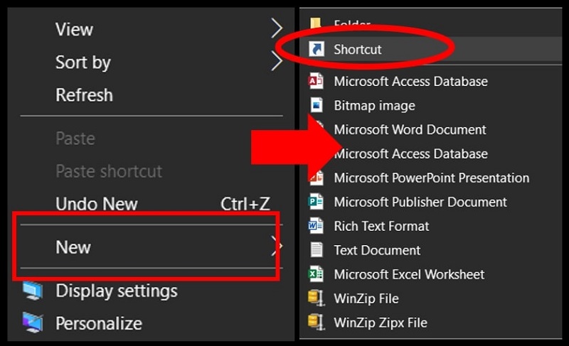 Créer un nouveau raccourci dans Windows 10