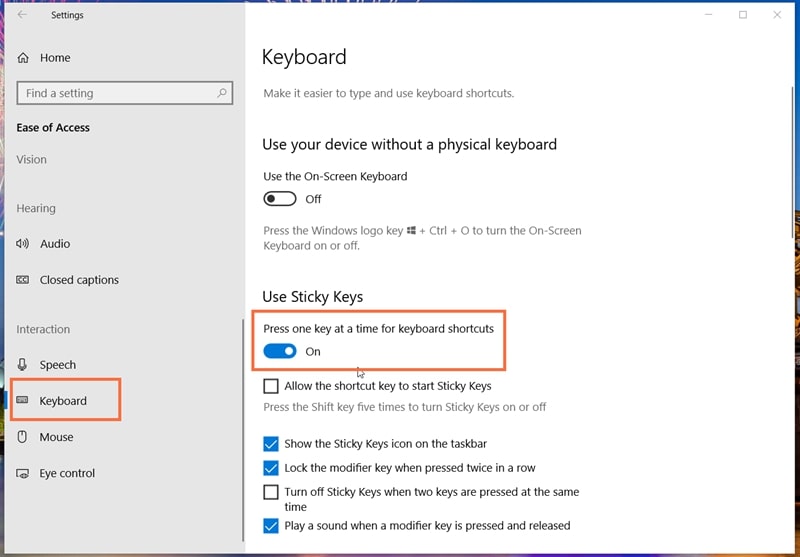 The Keyboard tab in Windows 10 Settings
