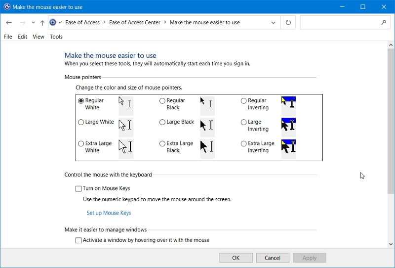 The Make the mouse easier to use window in Windows 10