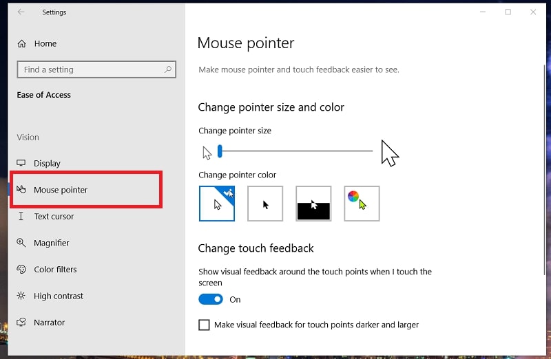 L'onglet Pointeur de la souris dans les paramètres de Windows 10