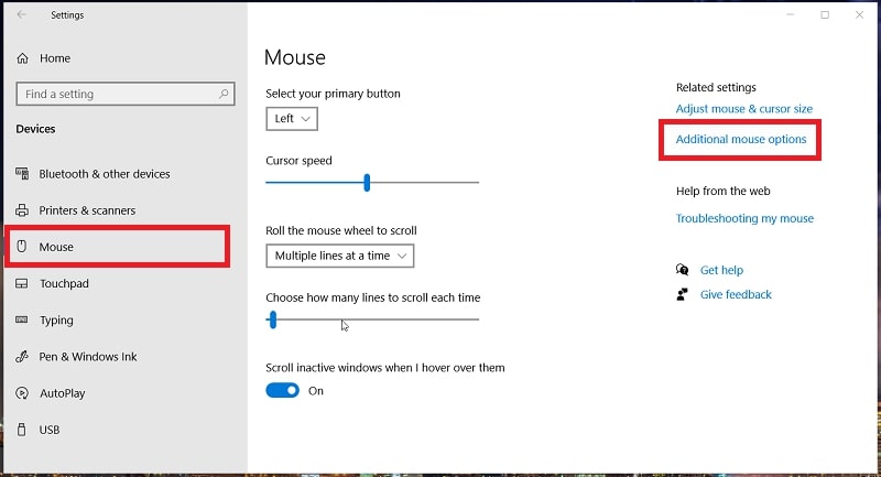 The Additional mouse options in Mouse tab in Windows 10