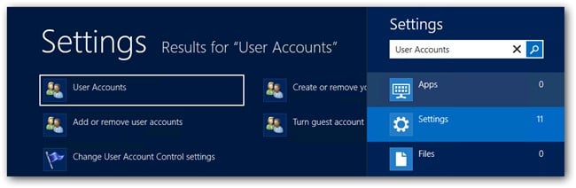 naviguer vers les comptes d'utilisateurs dans Windows 8
