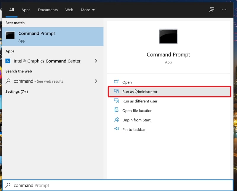 The Run as administrator Command Prompt option in Windows 10