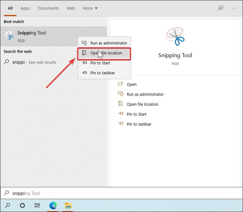 Open file location for Snipping Tool in Windows 10