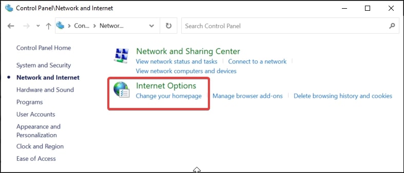 Open Internet Options in Windows 10 from Control Panel