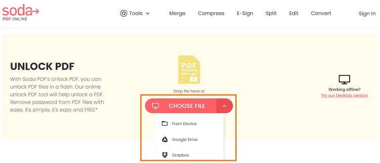 Add password protected PDF to Soda PDF Online