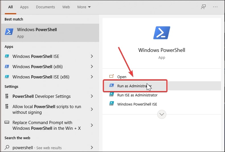 Ouvrir Powershell dans Windows 10