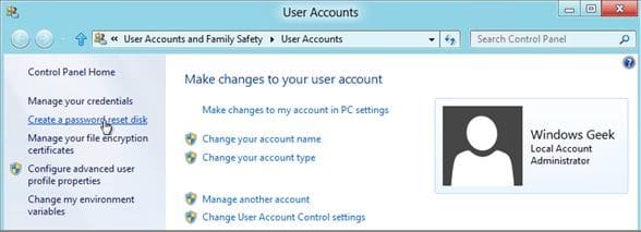 Open the create a password reset disk option in Windows 8