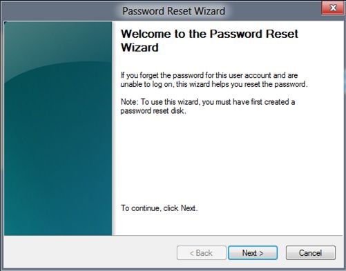Password reset wizard in Windows 8