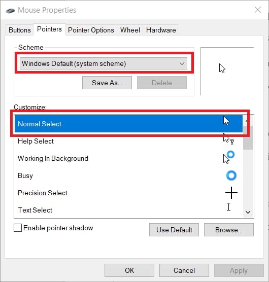 L'onglet Pointeurs dans les propriétés de la souris Windows 10