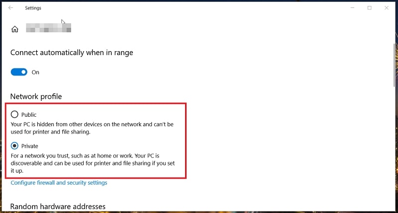 The Public and Private options in network profile Windows 10