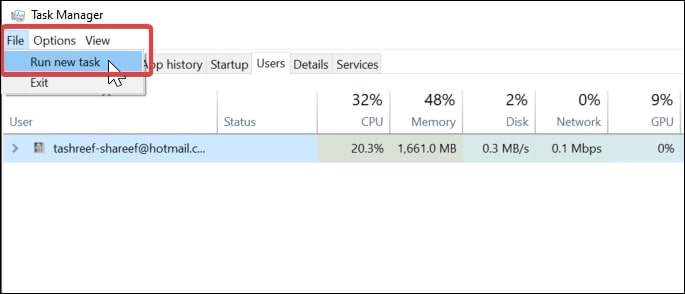 Run new task from task manager Windows 10
