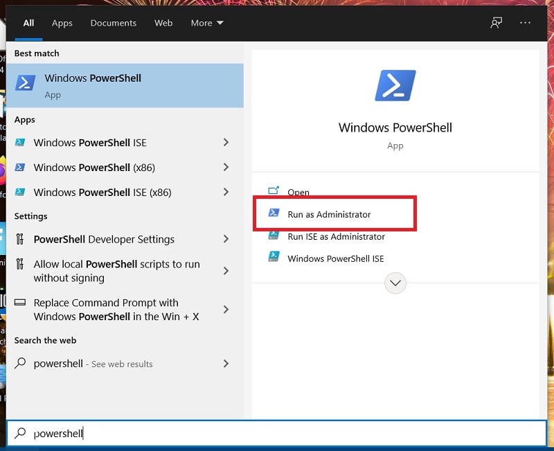 The Run as Administrator option for PowerShell in Windows 10