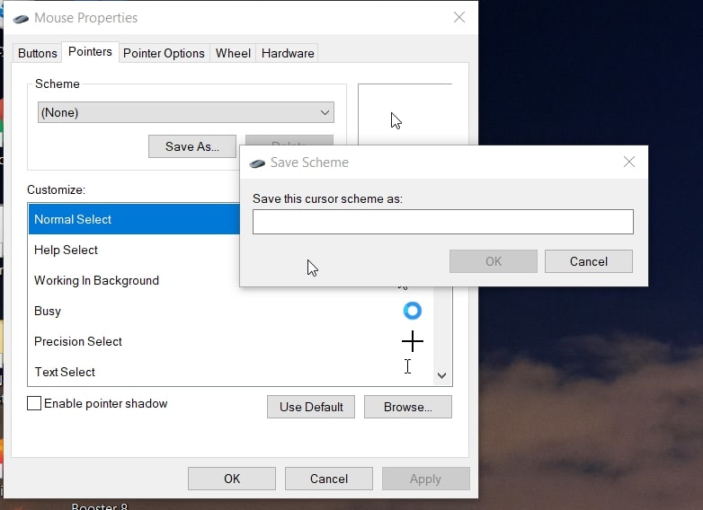 The Save Scheme window in Windows 10
