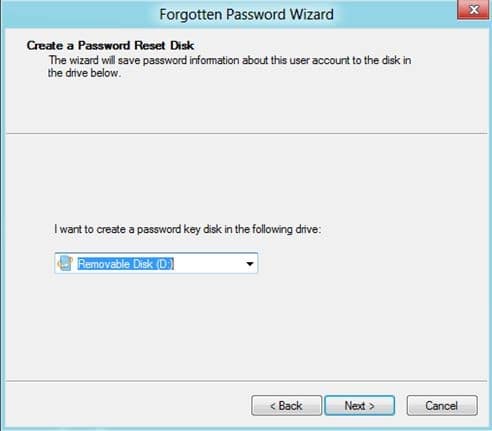 sélectionnez le lecteur usb sur lequel créer le disque de réinitialisation du mot de passe